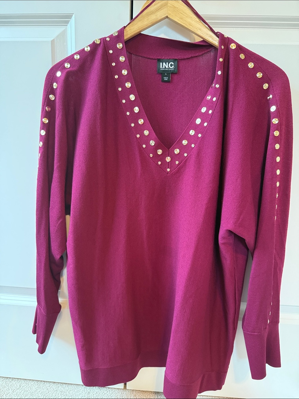 INC International Concepts Fuchsia V-Neck Sweater with Gold Studs